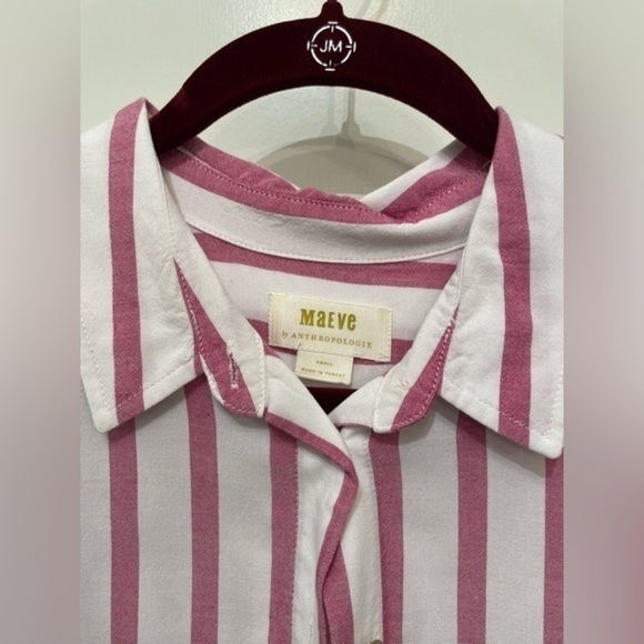 Anthropologie Maeve Fairhope Striped Button Down Flutter Blouse in Pink - Picture 12 of 14